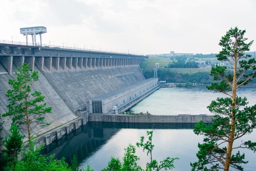 Large hydroelectric power plant in the riverbed. Alternative renewable energy source photo