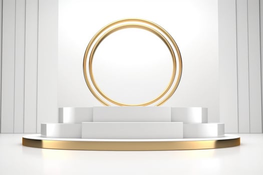 3D stage podium with minimal geometric shape.White and gold color tone.3D render for product showcase,promotion and cosmetic product.AI Generated photo