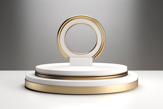 3D stage podium with minimal geometric shape.White and gold color tone.3D render for product showcase,promotion and cosmetic product.AI Generated photo