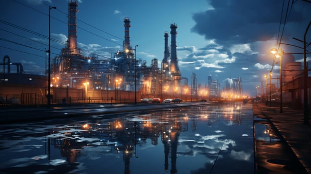 Industrial oil refinery petrochemical chemical plant with equipment and tall pipes at night. AI generated photo