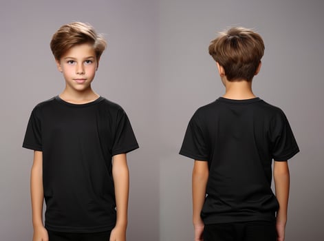 Front and back views of a little boy wearing a black T-shirt. ai generated photo