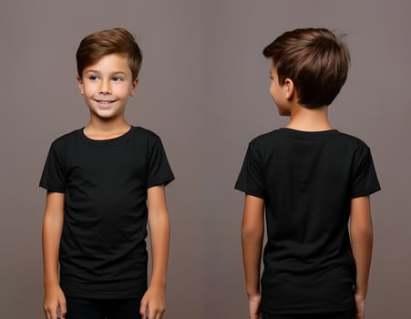 Front and back views of a little boy wearing a black T-shirt. ai generated photo
