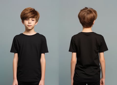 Front and back views of a little boy wearing a black T-shirt. ai generated photo