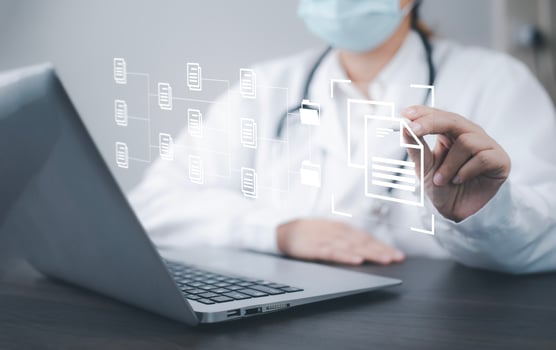 The Woman Doctor uses a pen checkbox for Health status in the Health Status evaluation form, Hospital documents. Medical insurance forms, Doctor paperwork, Health Status concept photo