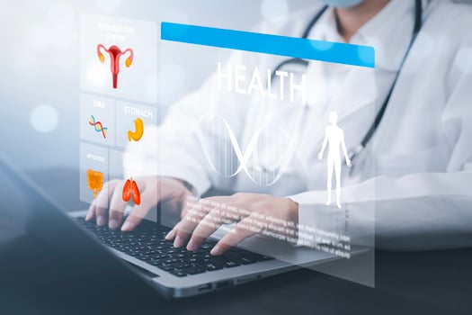 Medical doctor and medical technology and futuristic concept, Doctor using laptop and health medical network connection icon on virtual screen interface, Modern medical technology and innovation. photo