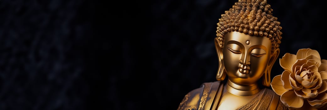 Detail to face of golden metal Tathagata Buddha statue photo