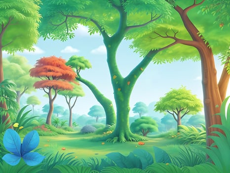 Forest jungle wallpaper with trees and colorful foliage, with copyspace for text. Vector jungle for kids. ai generated photo