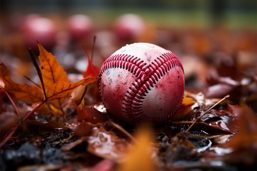 Baseball rests amidst autumn leaves in rain gutter, blending sports with seasonal beauty AI Generated photo