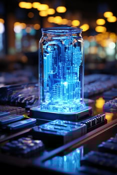 Computer database, light blue lighting, shallow. AI generative photo