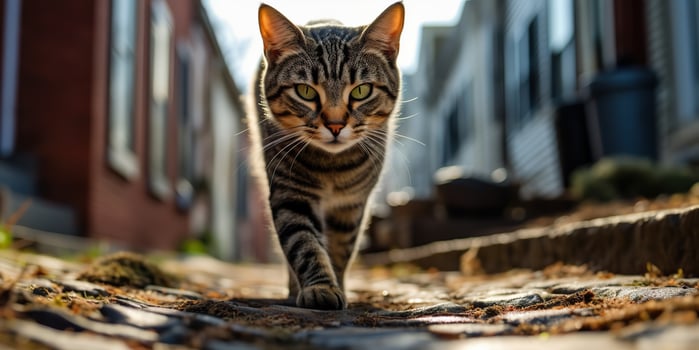 AI Generated. AI Generative. One lonely cat pet walking street city urban background. Graphic Art photo