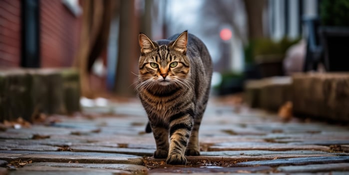 AI Generated. AI Generative. One lonely cat pet walking street city urban background. Graphic Art photo