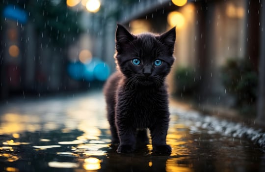 Ai generative Adorable baby black cat standing on the street under heavy rain wallpaper, animal background, banner with copy space text photo
