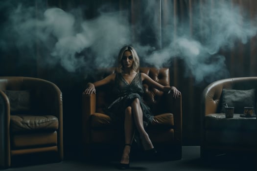 Solitude in Shadows Captivating Woman in a Dark Room Rests on a Leather Armchair - AI generated photo
