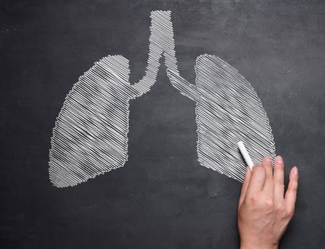 Chalked lungs on a black chalk board and a woman's hand. The concept of environmental protection, reduction of carbon dioxide emissions photo