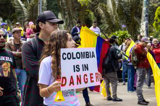 Bogota, Colombia, 16 August 2023. March asking for Gustavo Petro impeachment. Peaceful protest march in Bogota Colombia against the government of Gustavo Petro called La Marcha de la Mayoria. photo
