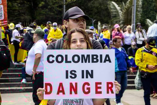 Bogota, Colombia, 16 August 2023. March asking for Gustavo Petro impeachment. Peaceful protest march in Bogota Colombia against the government of Gustavo Petro called La Marcha de la Mayoria. photo