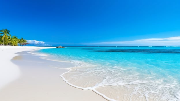 Tropical paradise beach with white sand and crystal clear blue water. Beautiful natural summer vacation holidays background. Travel tourism wide panorama background concept. AI Generative photo