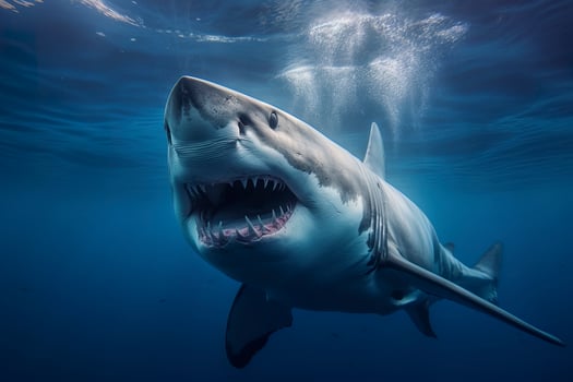 The King of the Ocean, The Great White male shark Hunter underwater view, Guadalupe island, Mexico. AI Generative photo