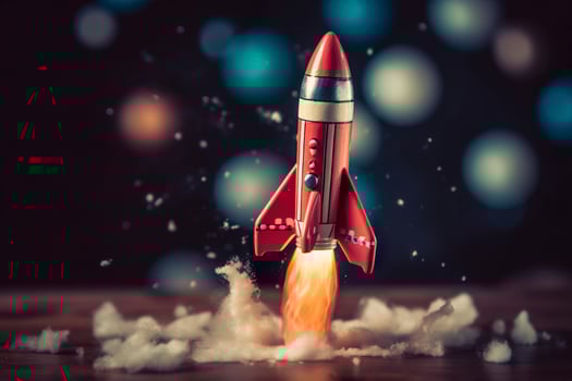 Toy rocket takes off business and finances success concept. AI Generative photo