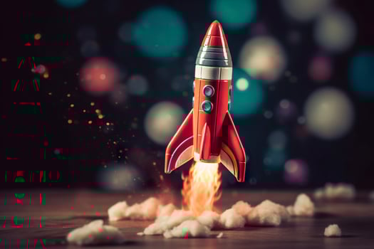 Toy rocket takes off business and finances success concept. AI Generative photo