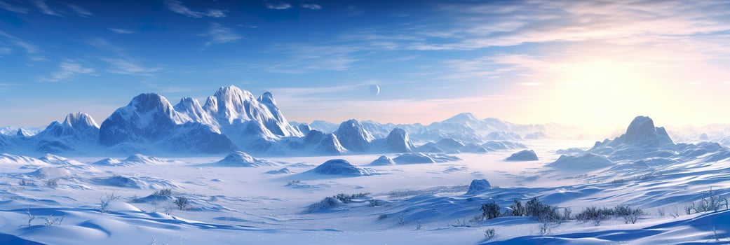 vast desolated snow land, big mountains in the background, snowfall with light blue sky and light blue colors, peaceful atmosphere,  AI Generative photo
