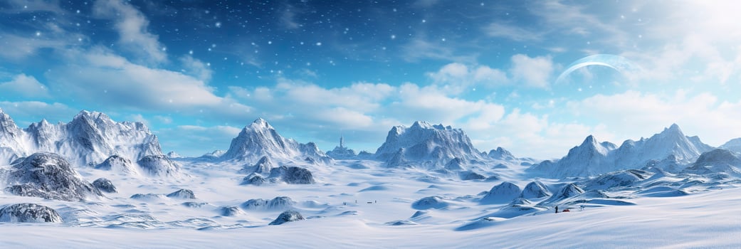 vast desolated snow land, big mountains in the background, snowfall with light blue sky and light blue colors, peaceful atmosphere,  AI Generative photo