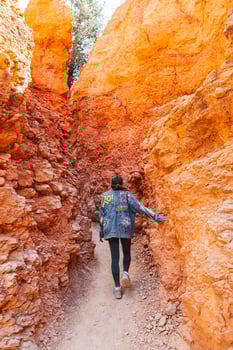 Hiker girl in Bryce Canyon hiking relaxing looking at amazing view during hike on summer travel in Bryce Canyon National Park, Utah, United States. photo