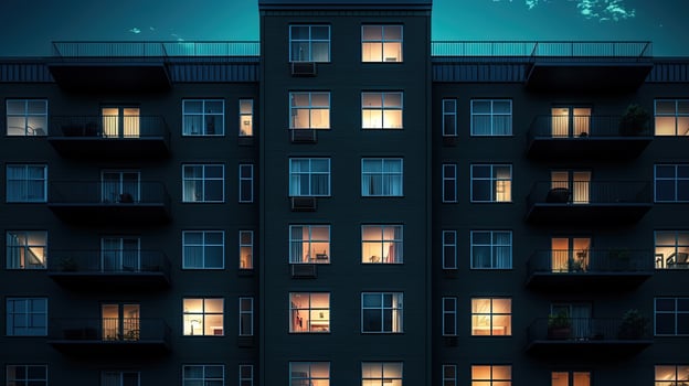 Lit windows of tall apartment building at night Urban backdrop. silhouette concept photo