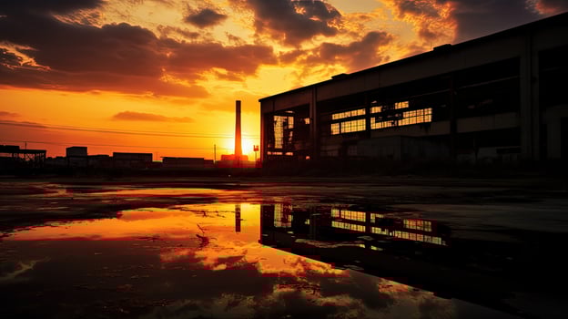 sunset illuminates deserted industrial building. silhouette concept photo