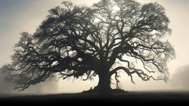 Foggy day with silhouette of an oak tree photo