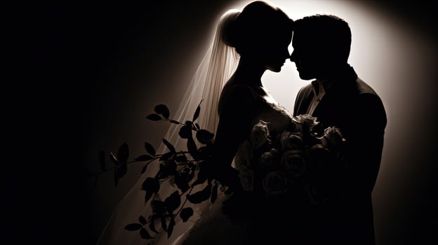 Monochrome colored bouquet of wedding roses takes center stage while the couple remains blurred. silhouette concept photo