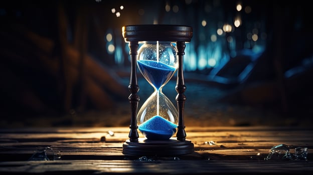 Blue sand in an hourglass on wooden surface. silhouette concept photo