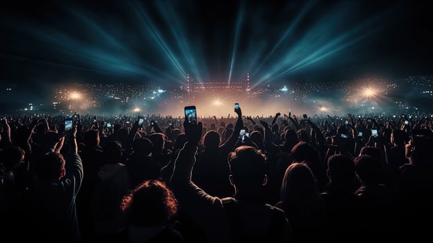 Massive crowd at music festival recording concert on smartphones. silhouette concept photo