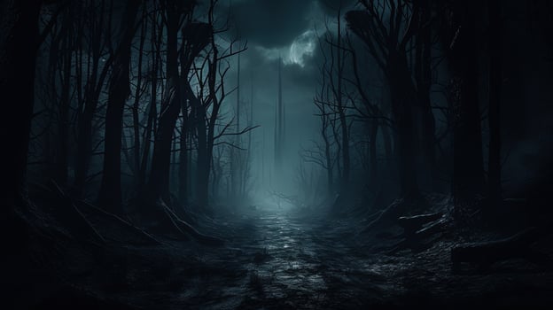 Eerie forest with sinister trees along a dim path on a winter s night. silhouette concept photo
