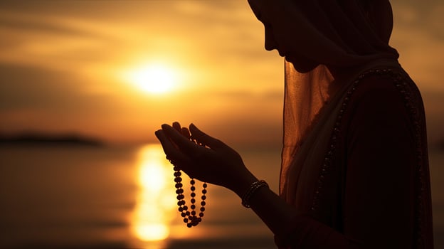 Muslim woman using beads to pray at sunrise outside. silhouette concept photo