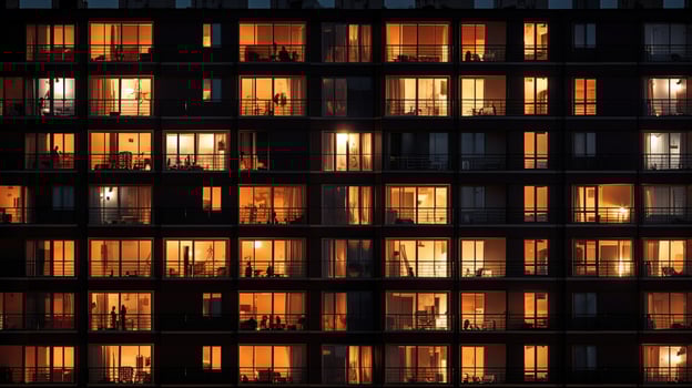 Lit windows of tall apartment building at night Urban backdrop. silhouette concept photo
