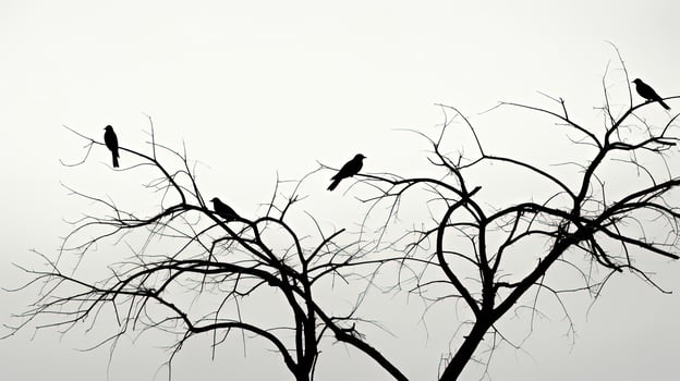 Monochrome picture of bird shadows on tree branches. silhouette concept photo