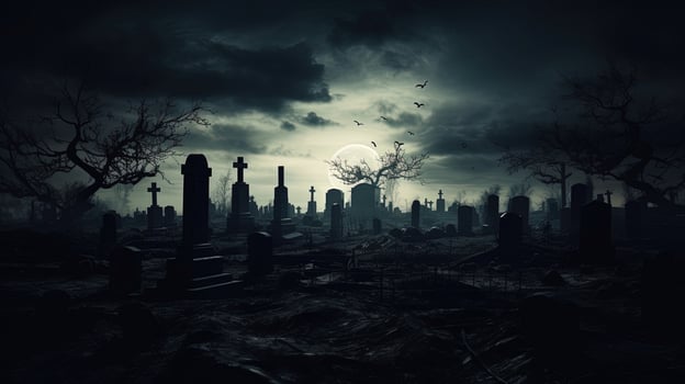 Creepy cemetery at night with haunted atmosphere evoking feelings of sadness death and horror. silhouette concept photo