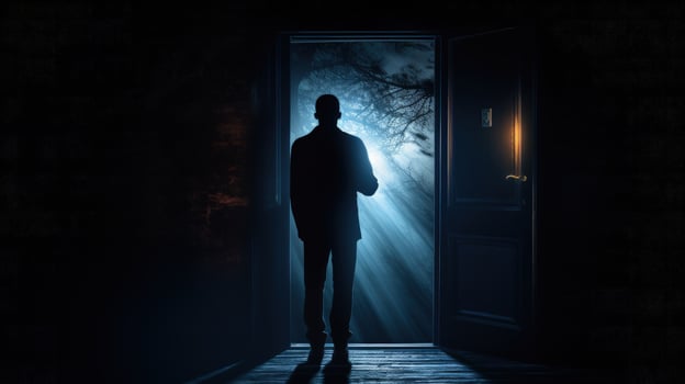 Unseen adult male lurking behind the door. silhouette concept photo