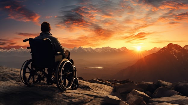 Wheelchair user enjoying sunset on scenic mountain. silhouette concept photo