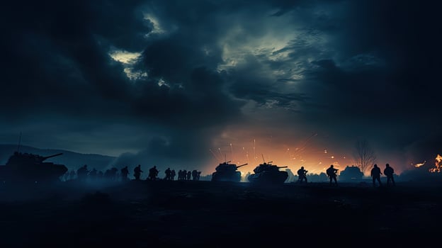Foggy sky battle scene with German tanks and armored vehicles. silhouette concept photo