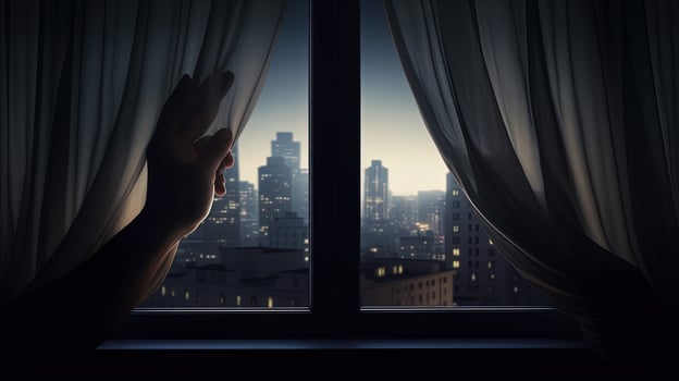 Man peeking through curtain onto city street in dim lighting. silhouette concept photo