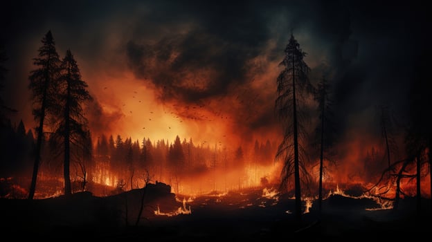 Nighttime forest fire an unfortunate natural event. silhouette concept photo