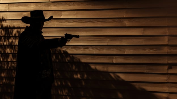 Silhouette of an armed male on a wooden fence photo