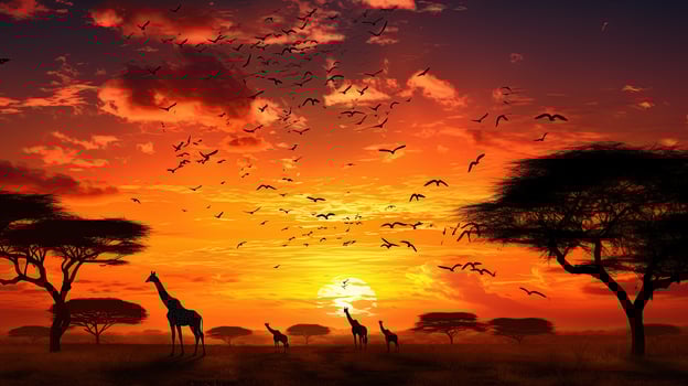 Giraffe and birds silhouettes against Serengeti Park sunset photo
