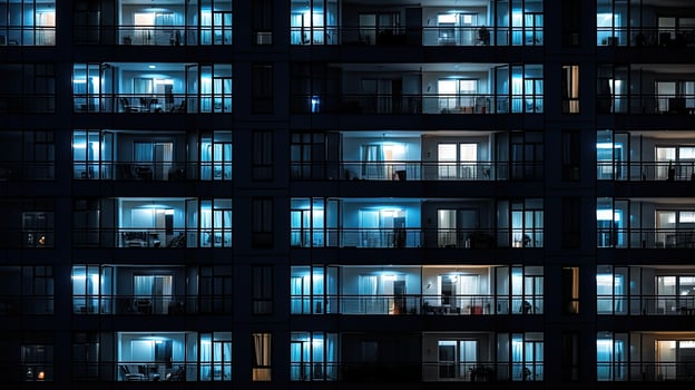 Contemporary nighttime architecture featuring uniform windows and balconies in a residential or hotel edifice. silhouette concept photo