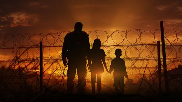 Silhouetted refugees children guards and fence against evening city backdrop photo