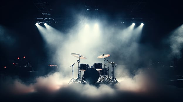 Live drum on stage with spotlights illuminating smoke music and concert background. silhouette concept photo