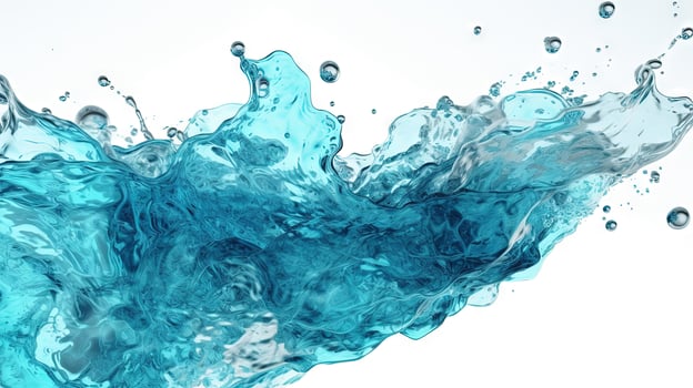 Blue water splash on white background. Liquid drips scattered. Generated AI. photo