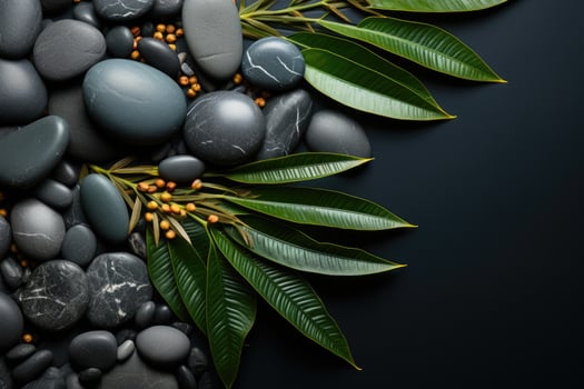 Spa concept with zen stones and tropical leaf on black background. Generative AI photo